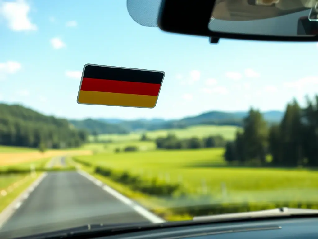 A photograph of a vignette sticker properly affixed to the windshield of a car, with a clear view of the German landscape through the windshield.