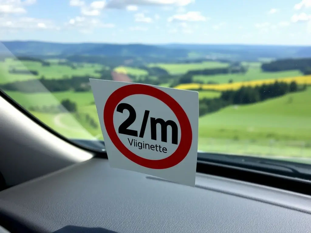 A photograph of a 2-month German vignette displayed on a vehicle's windshield, with a focus on its placement and visibility. The backdrop includes a scenic view of the German countryside.
