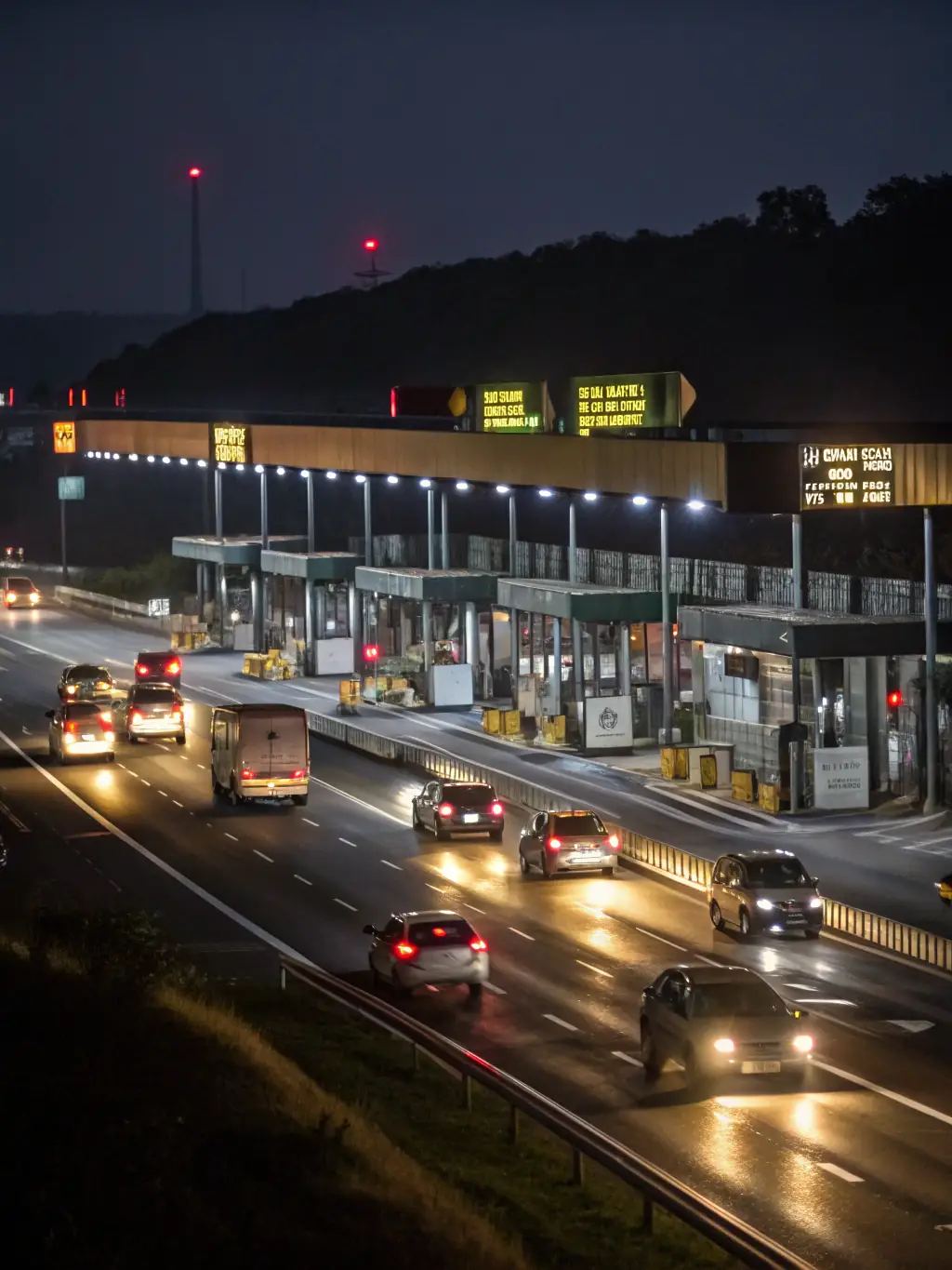 A close-up of a toll collection point on a German road, with clear signage indicating payment methods. The image should be brightly lit and easy to understand.