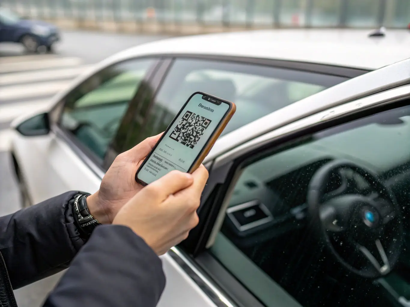 A photograph of a driver using a smartphone app to manage their digital vignette, showing the app interface with vignette details and validity period.