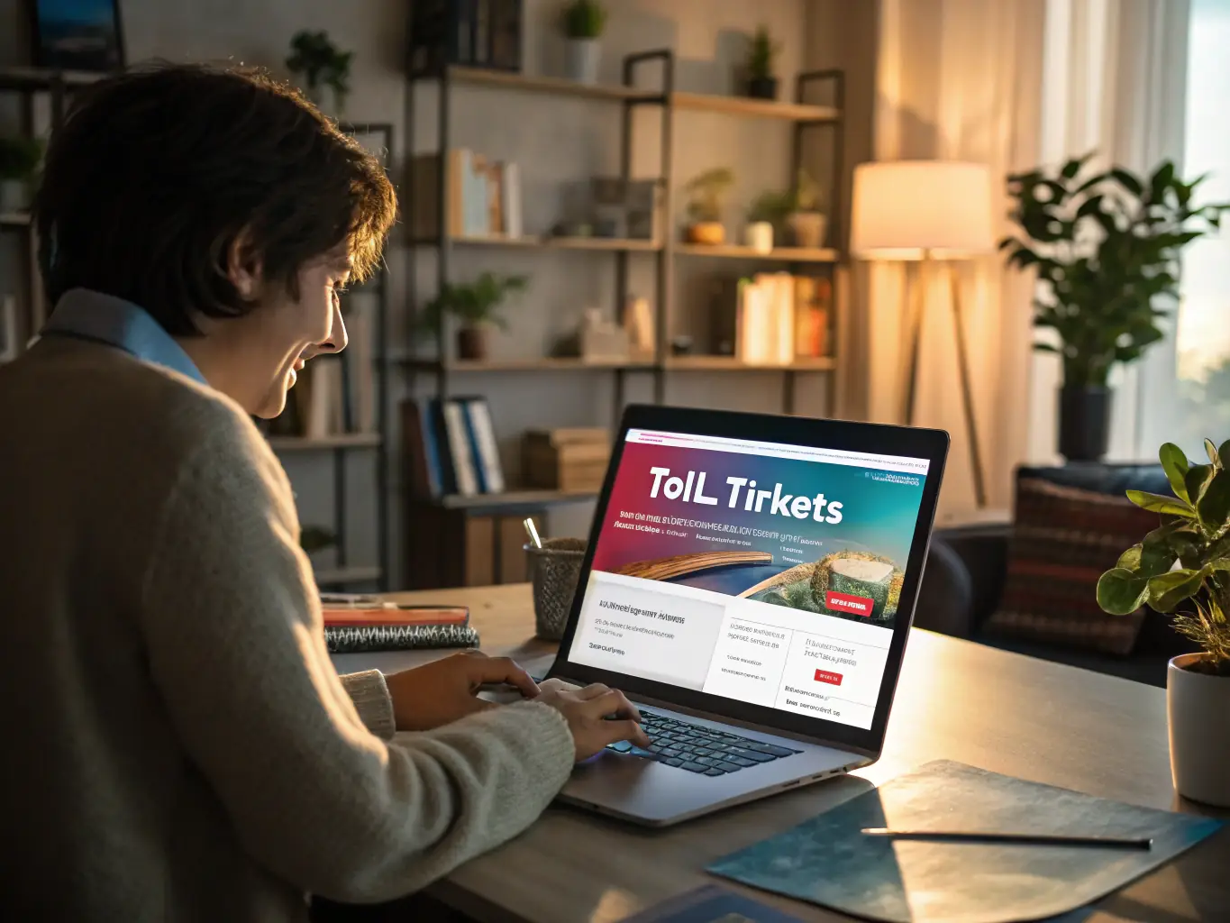 A digital illustration depicting a person purchasing a vignette online via a laptop, with a German autobahn in the background, symbolizing the ease of online purchase for road access.