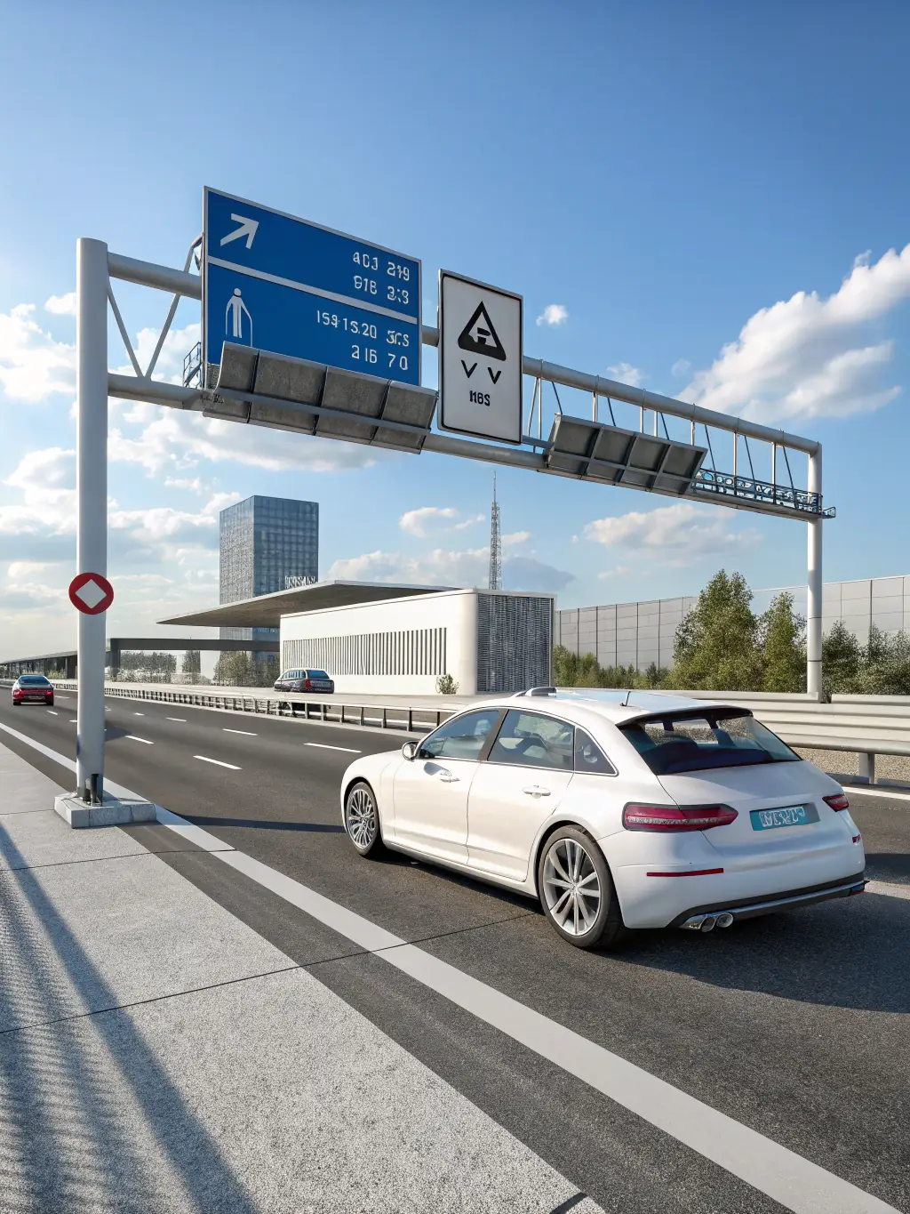 A high-angle, wide shot of a German Autobahn at dusk, showing multiple lanes of traffic moving smoothly. The image should convey efficiency and connectivity.