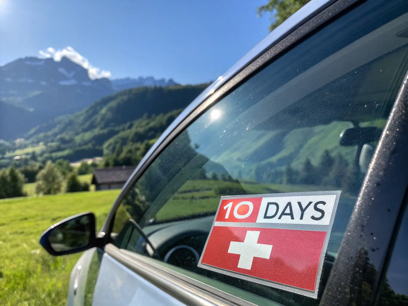 An image of an annual German vignette affixed to a car's windshield, highlighting its long-term validity and benefits. The background features a cityscape of a major German city.
